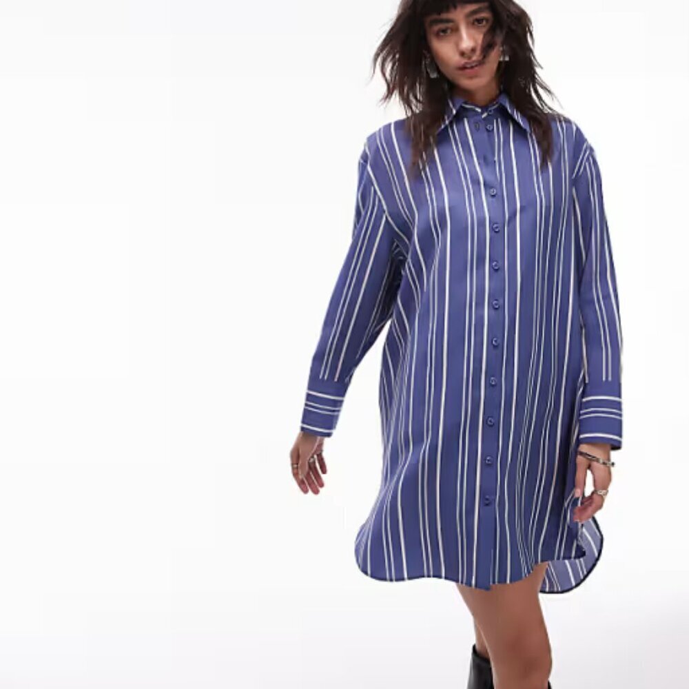 NWT TopShop mini shirt dresss with step hem in blue strip Size 4-6